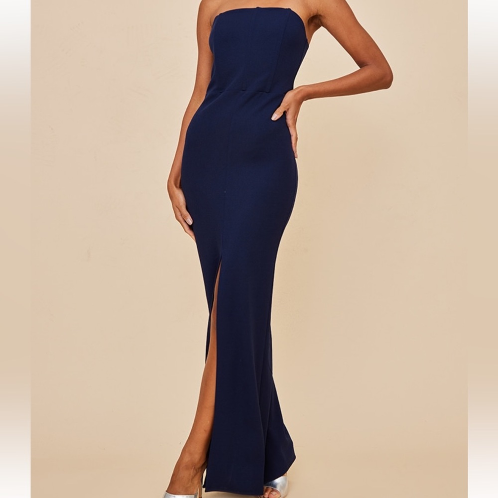 Navy Crepe Binding Detail Split Maxi Dress